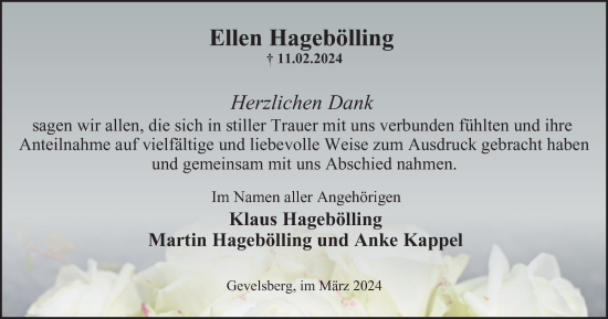Traueranzeige von Ellen Hagebölling von Tageszeitung
