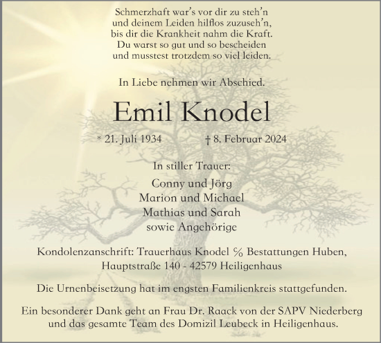 Traueranzeige von Emil Knodel von Tageszeitung