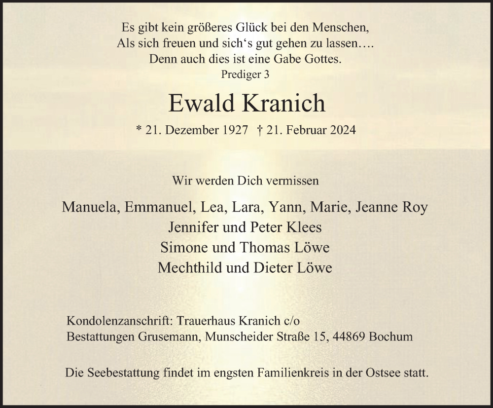 Traueranzeige für Ewald Kranich vom 09.03.2024 aus Tageszeitung