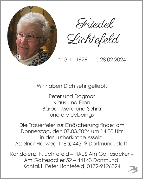 Traueranzeige von Friedel Lichtefeld von Tageszeitung