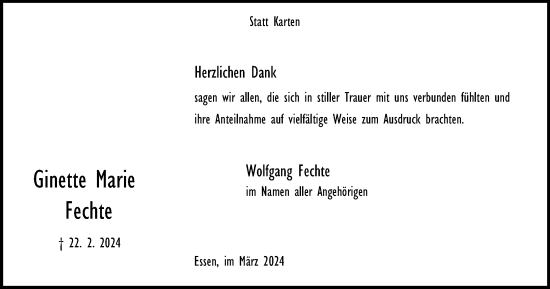 Traueranzeige von Ginette Fechte von Tageszeitung