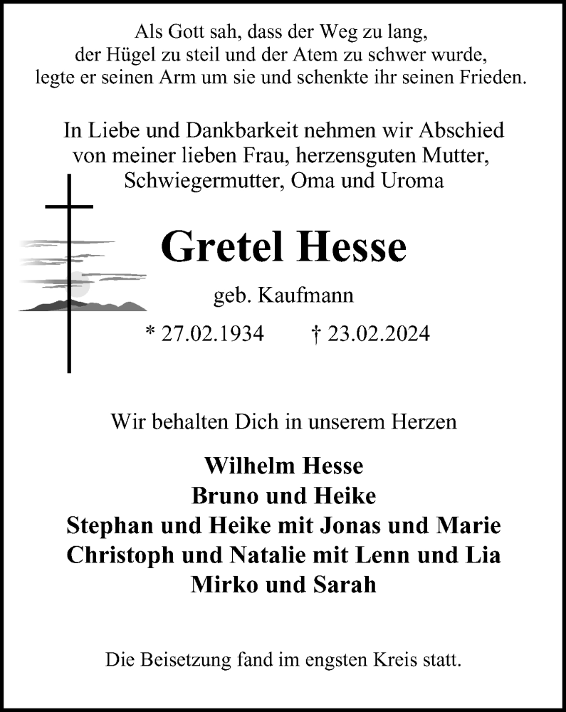  Traueranzeige für Gretel Hesse vom 22.03.2024 aus Tageszeitung