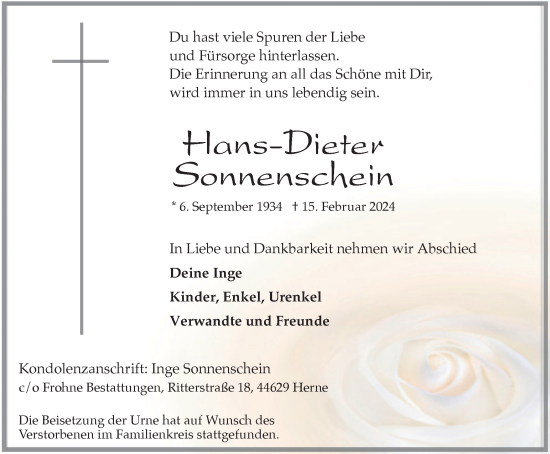 Traueranzeige von Hans-Dieter Sonnenschein von Tageszeitung