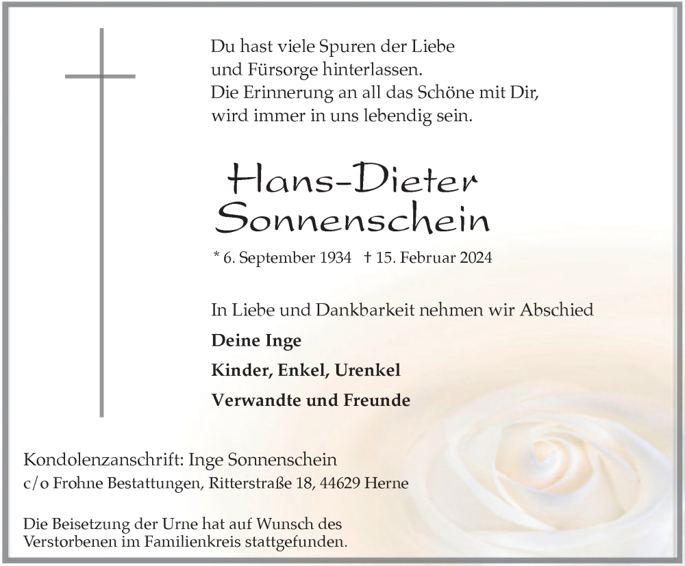  Traueranzeige für Hans-Dieter Sonnenschein vom 02.03.2024 aus Tageszeitung