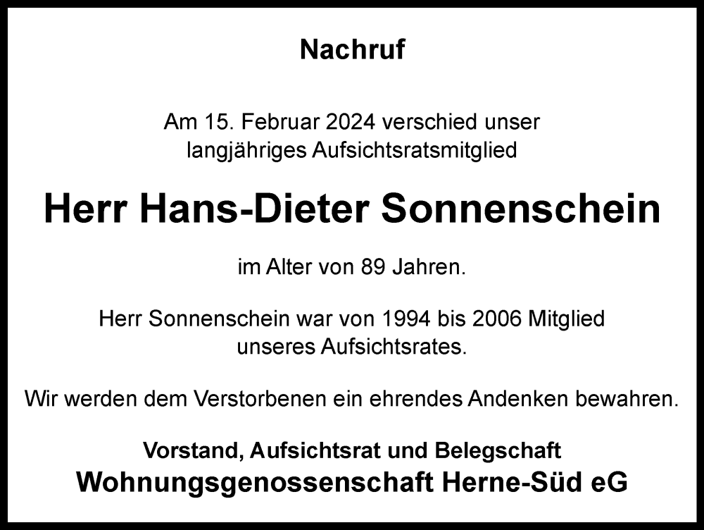  Traueranzeige für Hans-Dieter Sonnenschein vom 09.03.2024 aus Tageszeitung