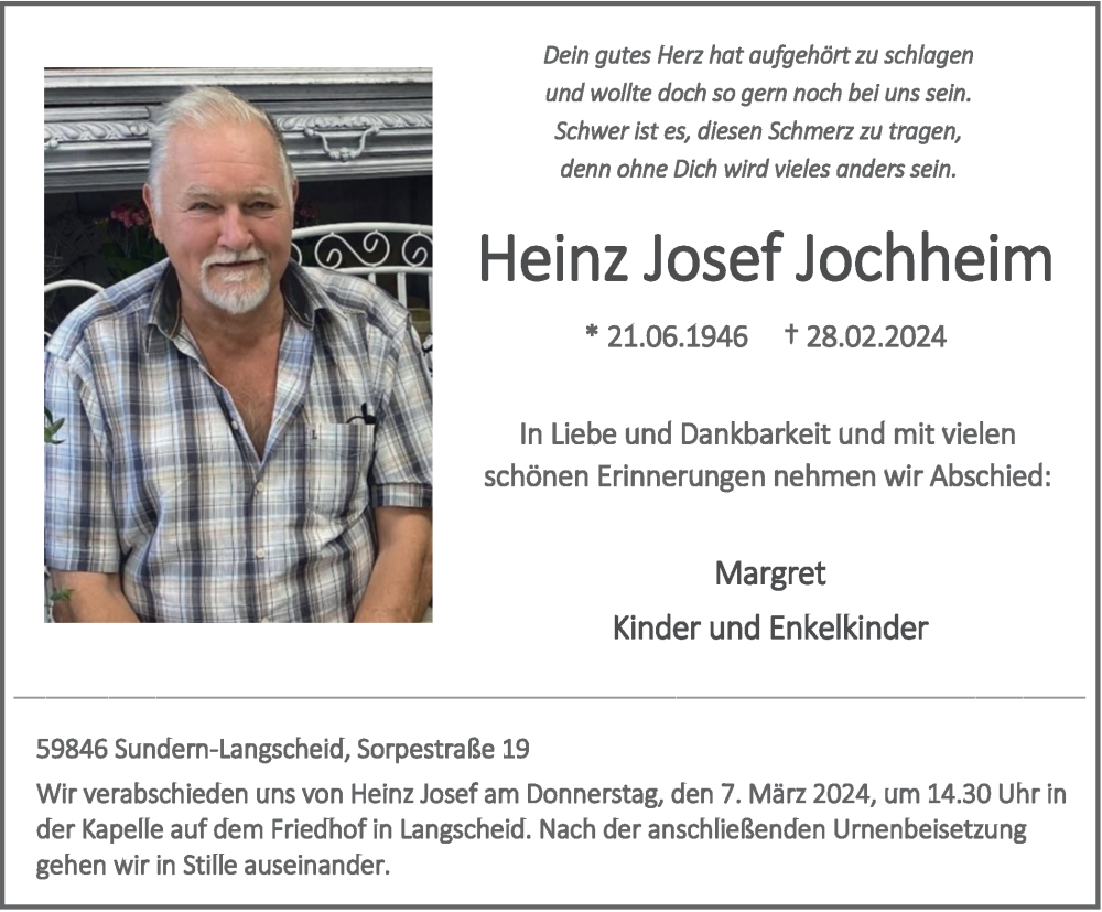  Traueranzeige für Heinz Josef Jochheim vom 02.03.2024 aus Tageszeitung