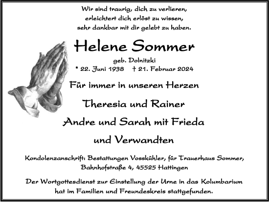 Traueranzeige von Helene Sommer von Tageszeitung