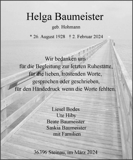 Traueranzeige von Helga Baumeister von Tageszeitung