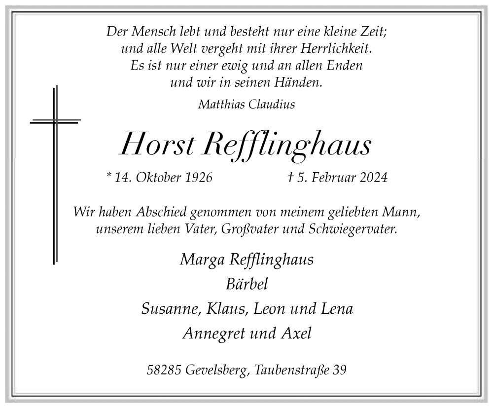  Traueranzeige für Horst Refflinghaus vom 02.03.2024 aus Tageszeitung