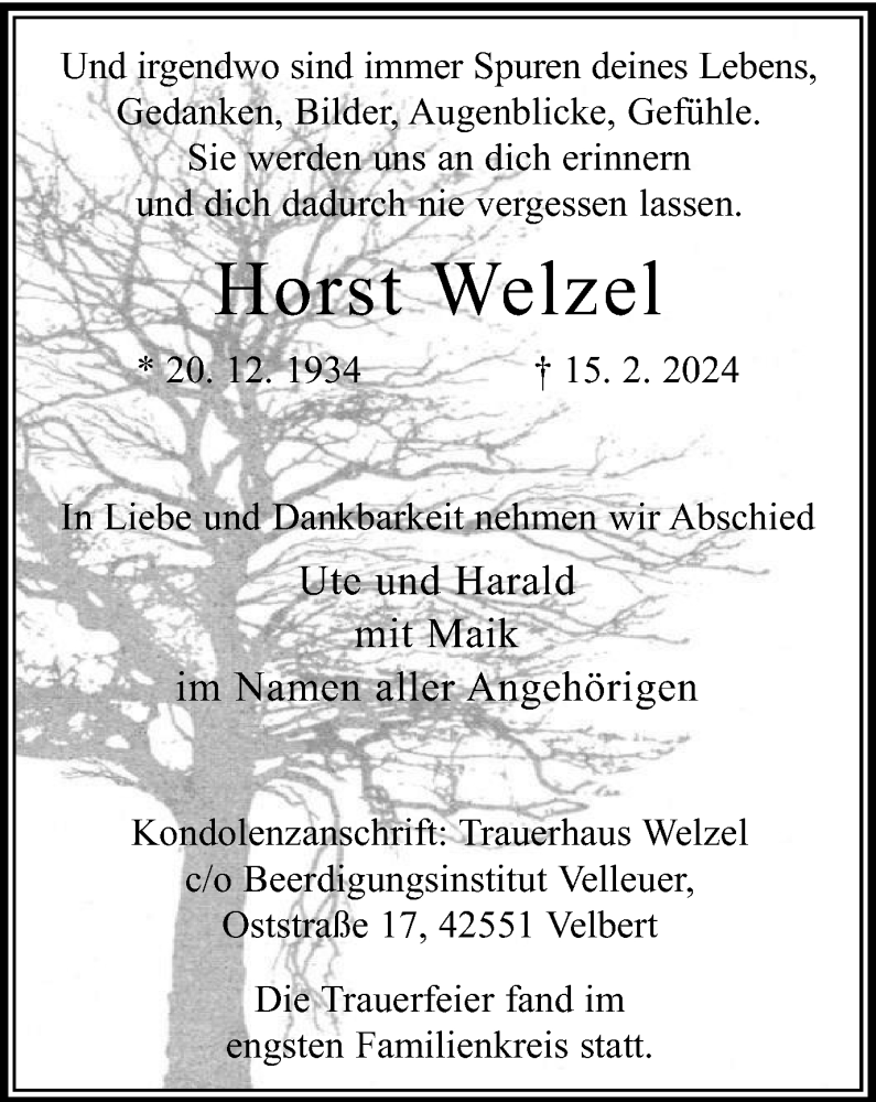  Traueranzeige für Horst Welzel vom 09.03.2024 aus Tageszeitung