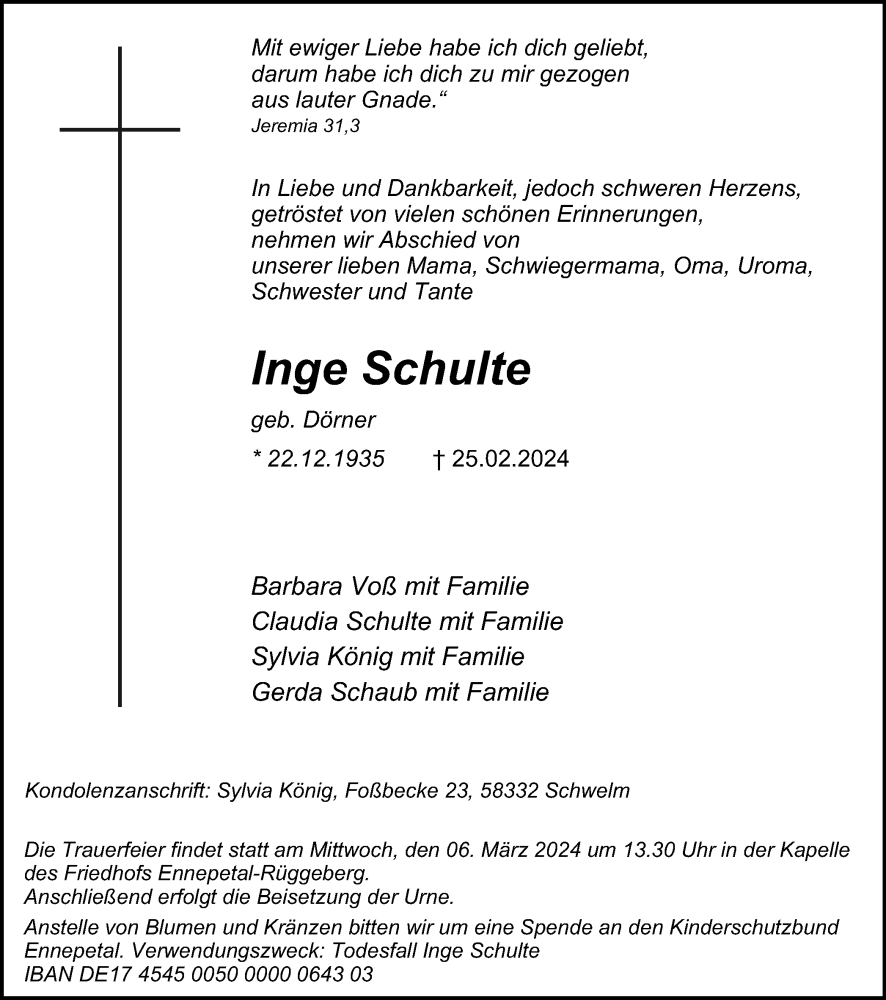  Traueranzeige für Inge Schulte vom 02.03.2024 aus Tageszeitung