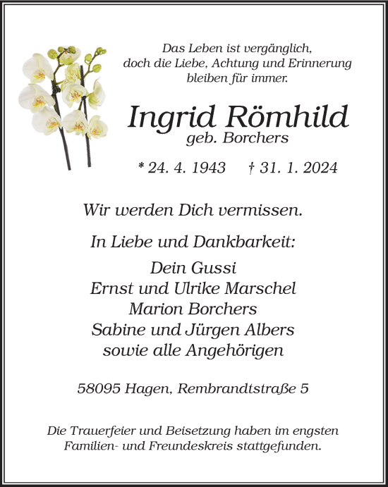 Traueranzeige von Ingrid Römhild von Tageszeitung
