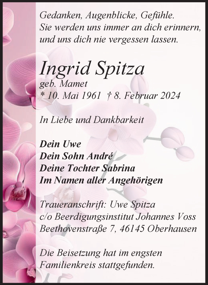  Traueranzeige für Ingrid Spitza vom 02.03.2024 aus Tageszeitung