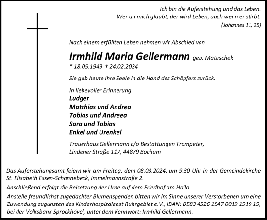 Traueranzeige von Irmhild Maria Gellermann von Tageszeitung