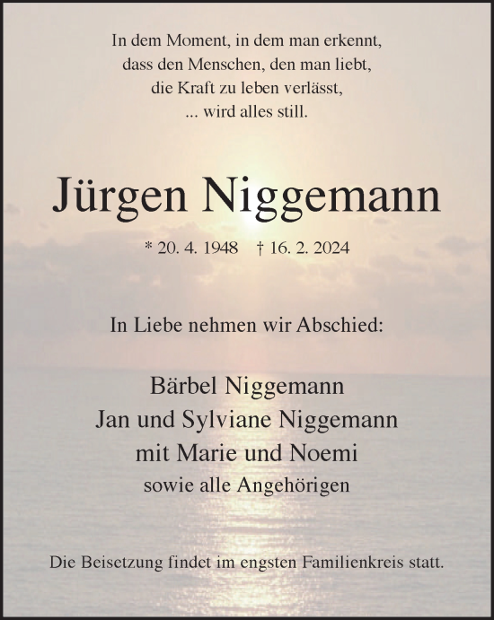 Traueranzeige von Jürgen Niggemann von Tageszeitung