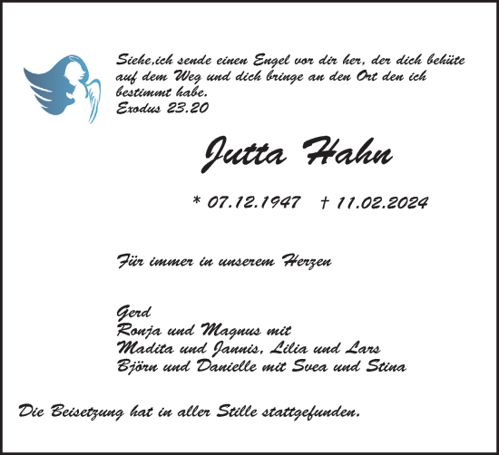 Traueranzeige von Jutta Hahn von Tageszeitung