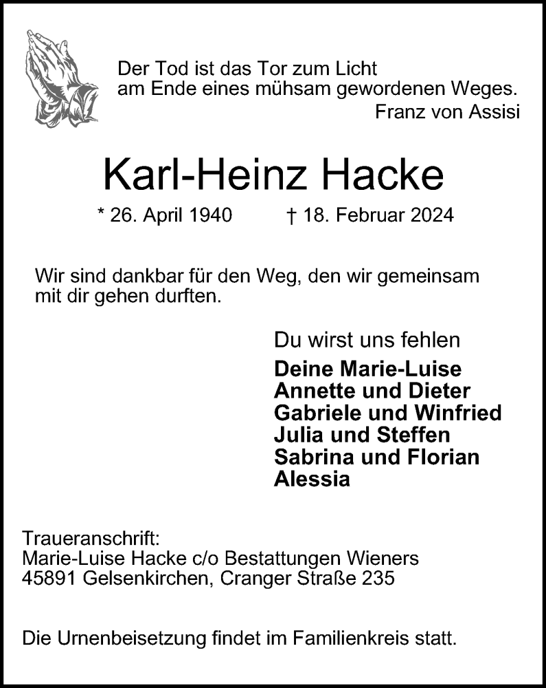  Traueranzeige für Karl-Heinz Hacke vom 02.03.2024 aus Tageszeitung