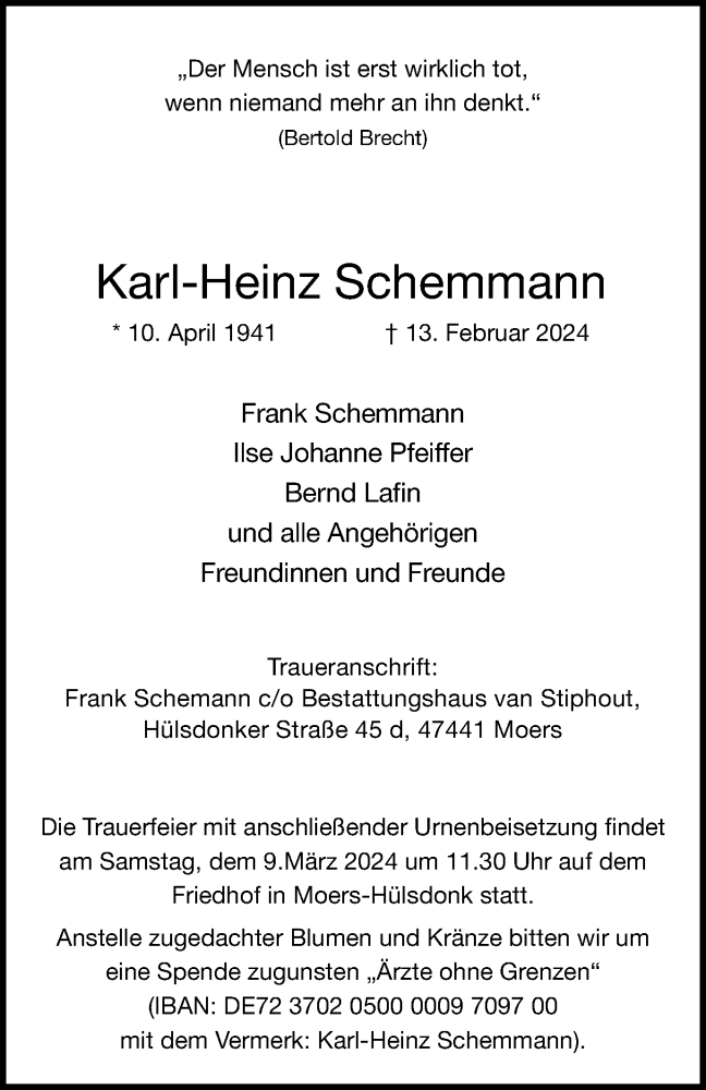  Traueranzeige für Karl-Heinz Schemmann vom 02.03.2024 aus Tageszeitung