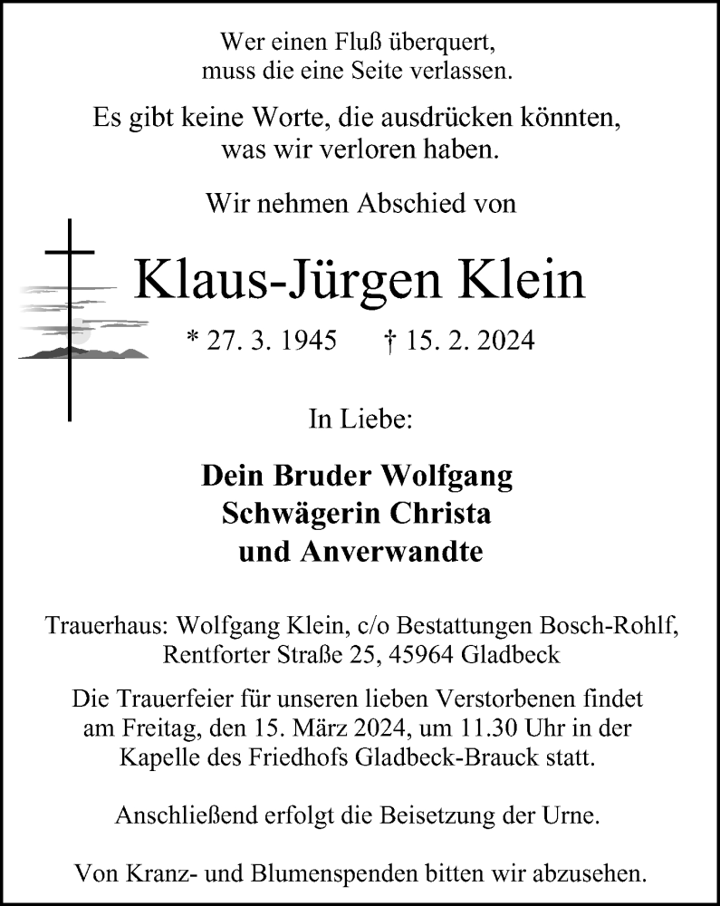  Traueranzeige für Klaus-Jürgen Klein vom 02.03.2024 aus Tageszeitung