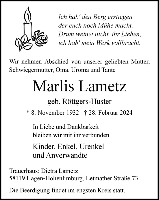 Traueranzeige von Marlis Lametz von Tageszeitung