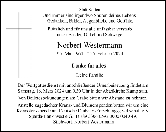 Traueranzeige von Norbert Westermann von Tageszeitung