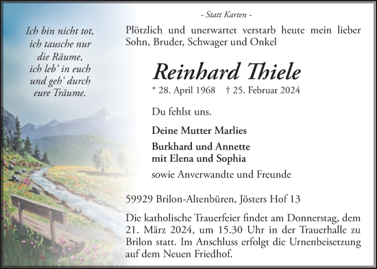 Traueranzeige von Reinhard Thiele von Tageszeitung