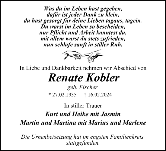 Traueranzeige von Renate Kobler von Tageszeitung