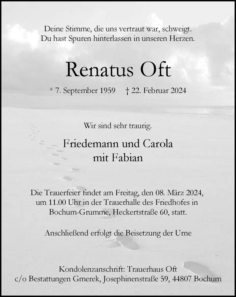  Traueranzeige für Renatus Oft vom 02.03.2024 aus Tageszeitung