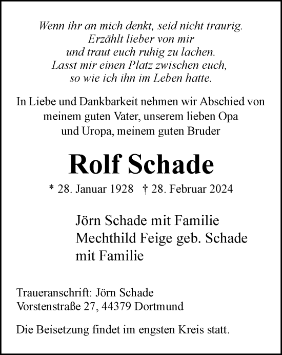 Traueranzeige von Rolf Schade von Tageszeitung