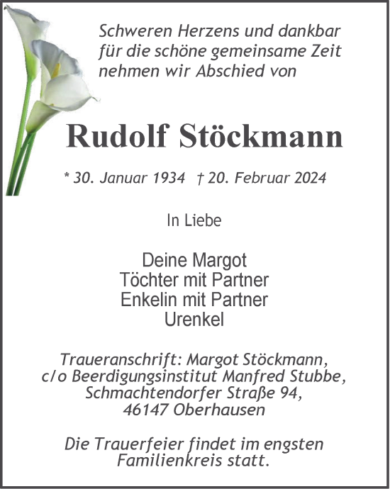 Traueranzeige von Rudolf Stöckmann von Tageszeitung