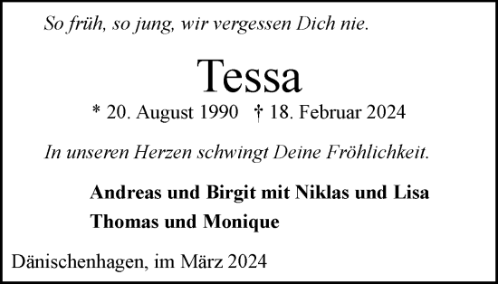 Traueranzeige von Tessa Schubert von Tageszeitung