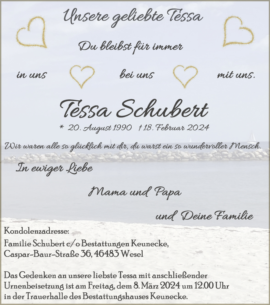  Traueranzeige für Tessa Schubert vom 02.03.2024 aus Tageszeitung