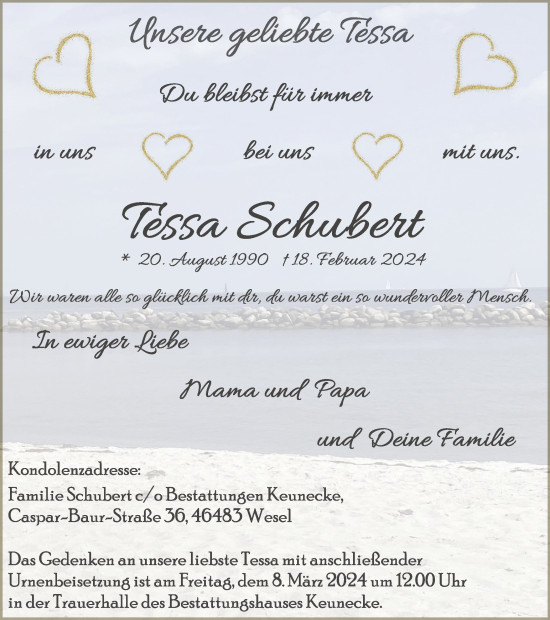 Traueranzeige von Tessa Schubert von Tageszeitung