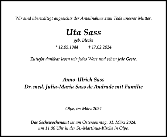 Traueranzeige von Uta Sass von Tageszeitung
