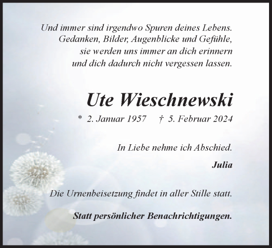 Traueranzeige von Ute Wieschnewski von Tageszeitung