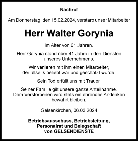 Traueranzeige von Walter Gorynia von Tageszeitung