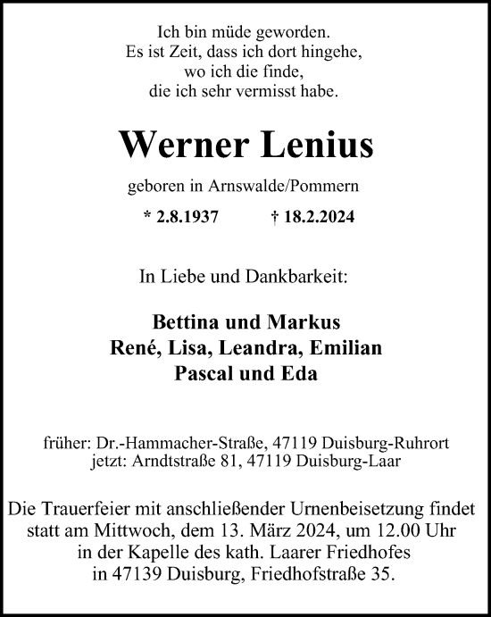 Traueranzeige von Werner Lenius von Tageszeitung