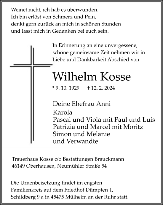 Traueranzeige von Wilhelm Kosse von Tageszeitung