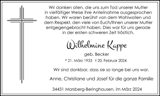 Traueranzeige von Wilhelmine Kappe von Tageszeitung