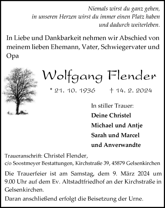 Traueranzeige von Wolfgang Flender von Tageszeitung