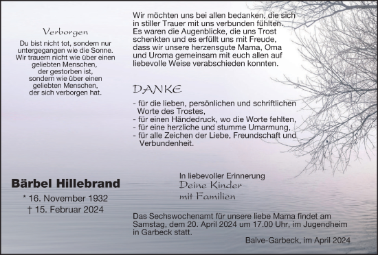 Traueranzeige von Bärbel Hillebrand von Tageszeitung