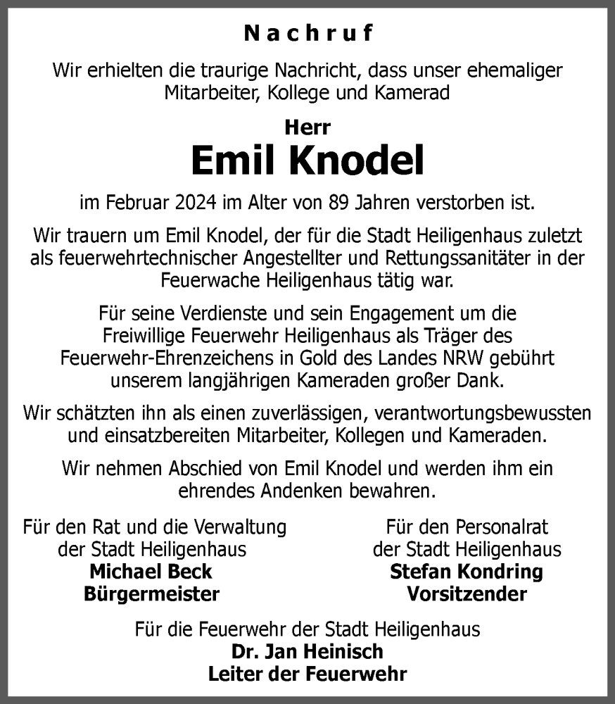  Traueranzeige für Emil Knodel vom 04.04.2024 aus Tageszeitung