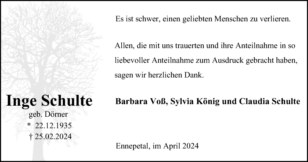  Traueranzeige für Inge Schulte vom 27.04.2024 aus Tageszeitung