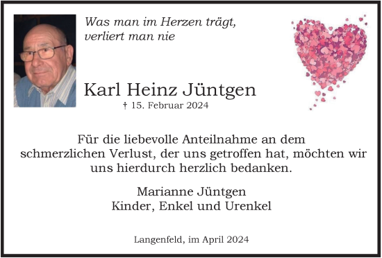 Traueranzeige von Karl Heinz Jüntgen von Tageszeitung