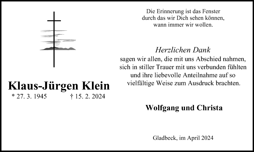  Traueranzeige für Klaus-Jürgen Klein vom 20.04.2024 aus Tageszeitung