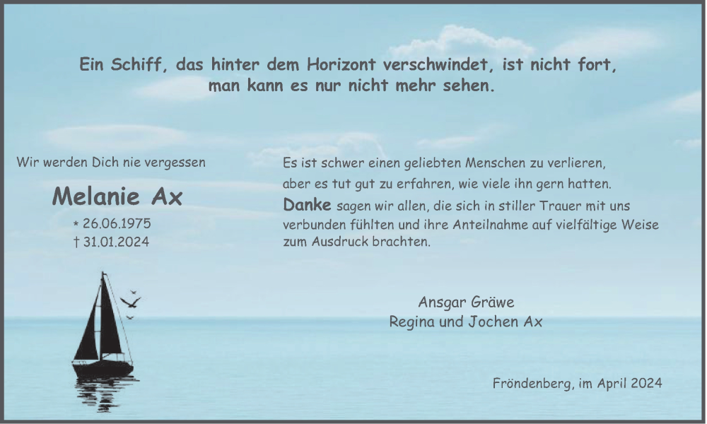  Traueranzeige für Melanie Ax vom 13.04.2024 aus Tageszeitung