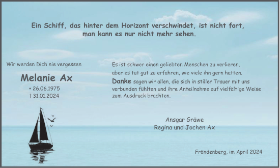 Traueranzeige von Melanie Ax von Tageszeitung