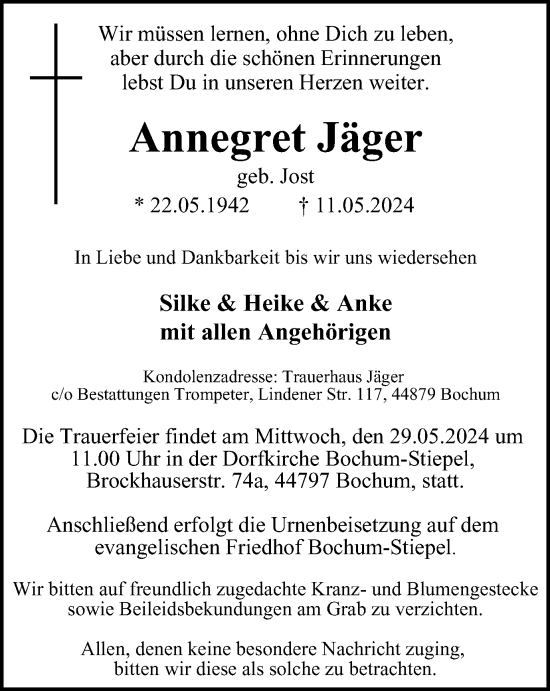 Traueranzeige von Annegret Jäger von Tageszeitung