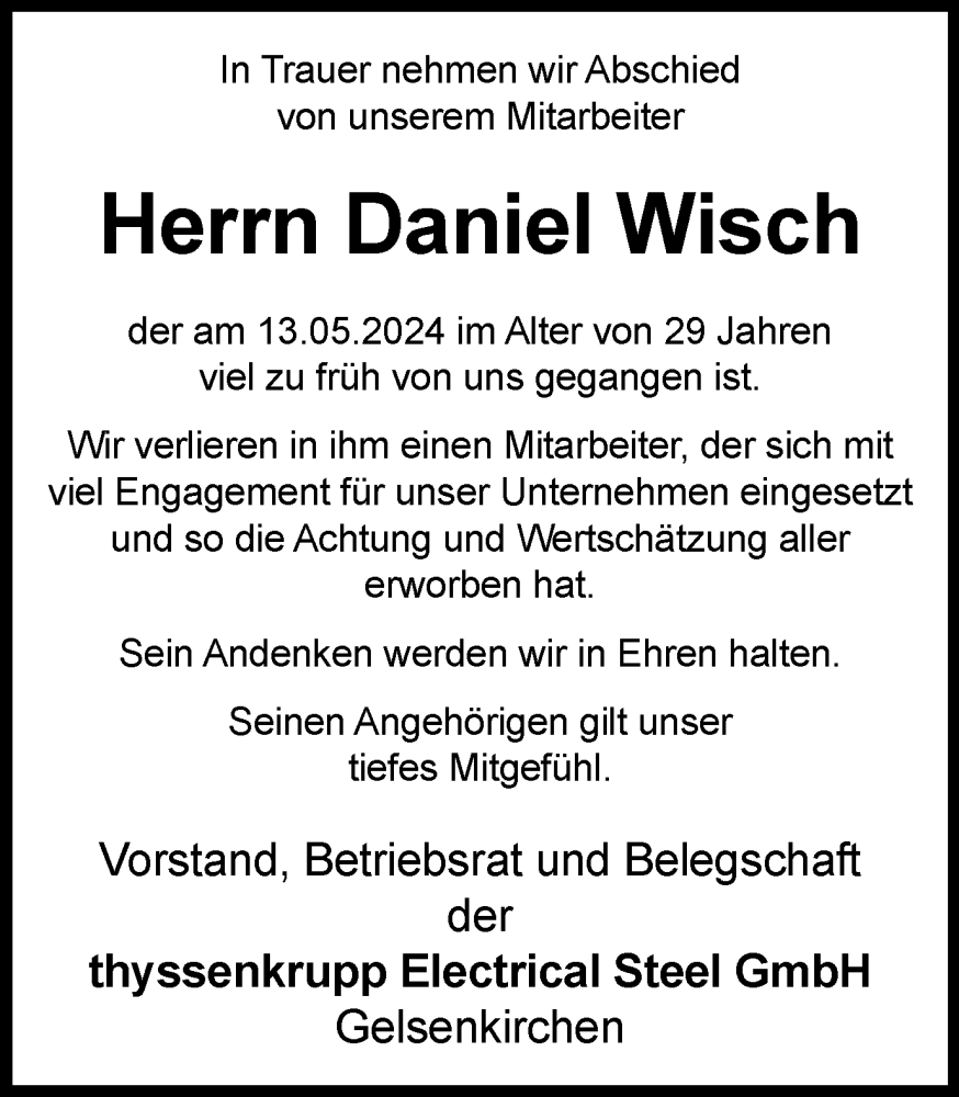  Traueranzeige für Daniel Wisch vom 18.05.2024 aus Tageszeitung