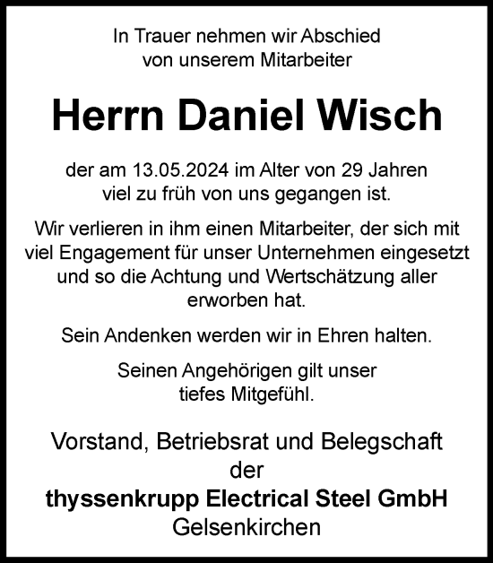 Traueranzeige von Daniel Wisch von Tageszeitung